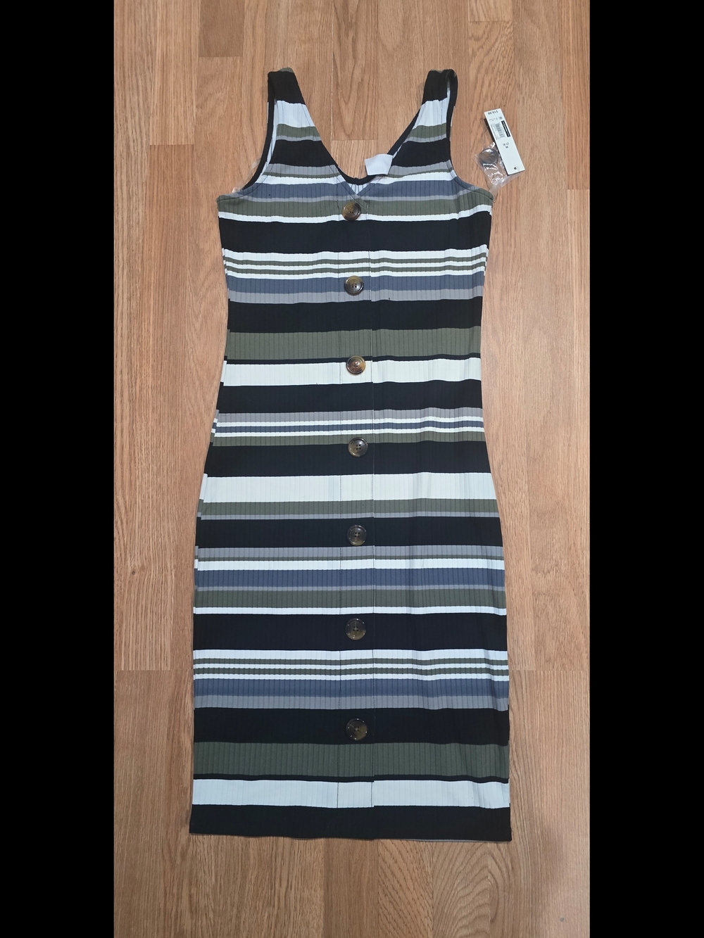 Sleeveless Striped Button-Front Midi Dress in Black, Olive & Gray